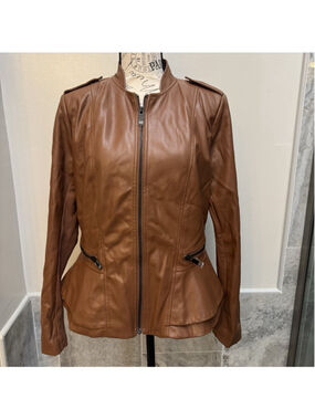 GILI Brown Peplum Vegan Leather Jacket Women's Size 10